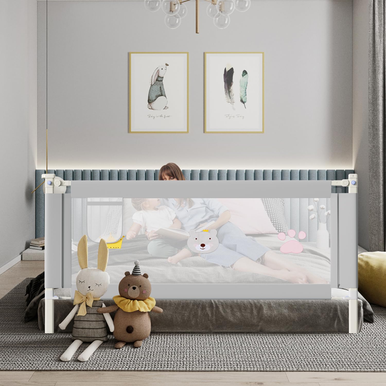 Barrera de cama con protección anticaídas, 2 x 200 cm + 1 x 180 cm, altura ajustable 64 – 96 cm, barrera de protección para niños pequeños, rejilla para cuna con red aireada, color gris