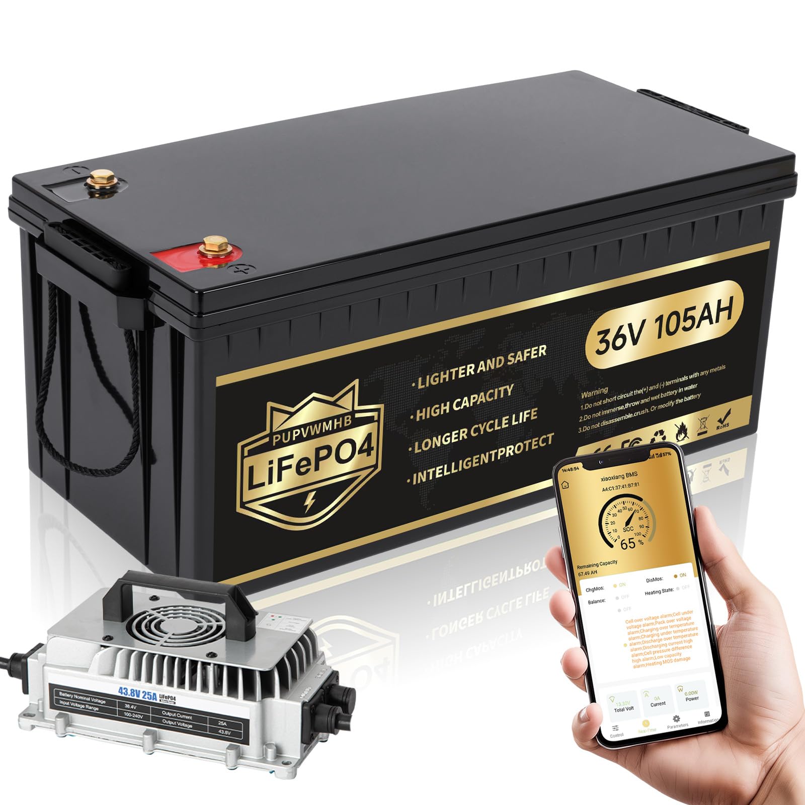36V 105Ah LiFePO4 Golf Cart Battery, Built-in Smart 200A BMS, Mobile APP, 5000+ Cycles Rechargeable Lithium Battery, Includes 43.8V 25A Charger, Perfect for Golf Cart,Trolling Motor