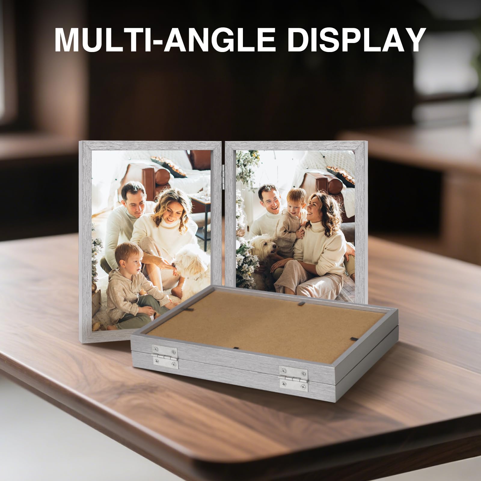 Cornice Portafoto Doppia In Legno Con Cerniera, 10x15 Cm, Finitura Argento - Perfetta Per Scrivania O Tavolo