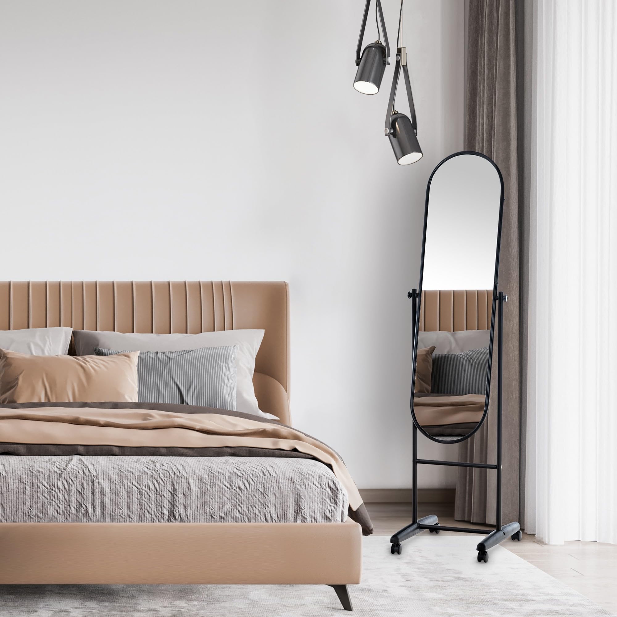CLP Standspiegel Nane Oval I Stehspiegel 155x40 cm I Für Wohnzimmer Oder Schlafzimmer I Neigbar, 360° Drehbar I Ganzkörperspiegel Mit Rollen, Farbe:schwarz