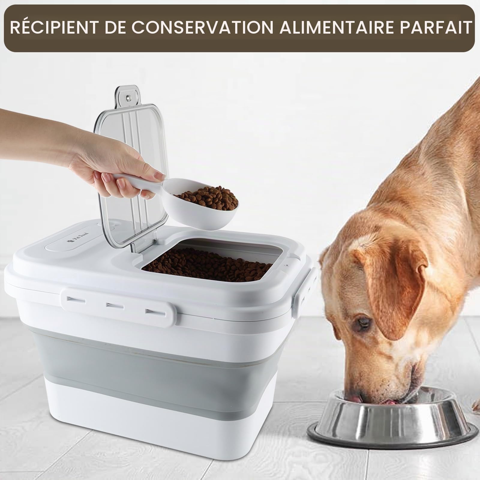 Conteneur pour nourriture pour chiens, 10 kg, pour chiens et chats, avec cuillère, pliable, pour aliments pour animaux domestiques, pour conserver les aliments pour animaux