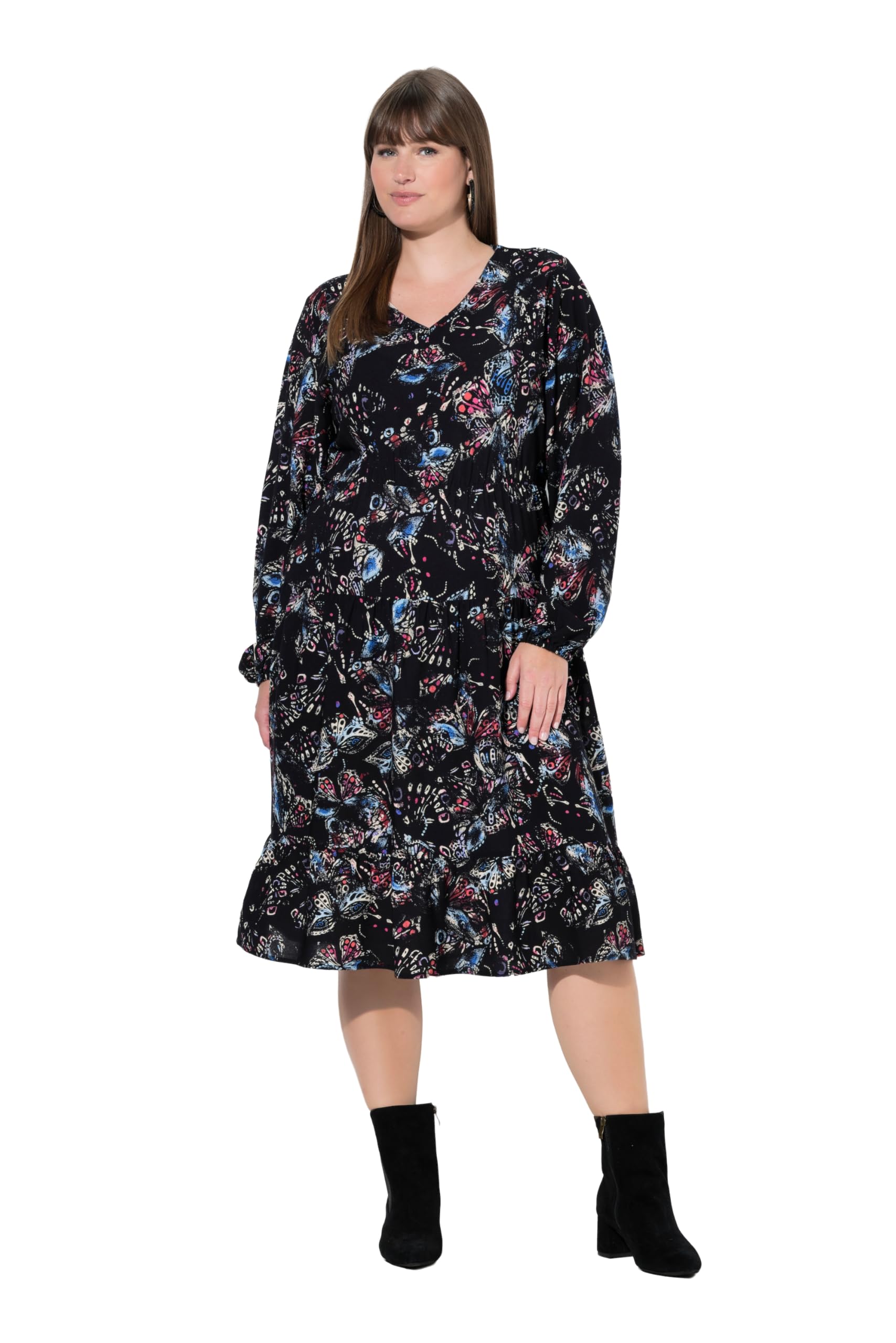 Ulla Popken Damen große Größen Übergrößen Plus Size Midikleid, Schmetterlinge, A-Linie, V-Ausschnitt, Langarm 845287