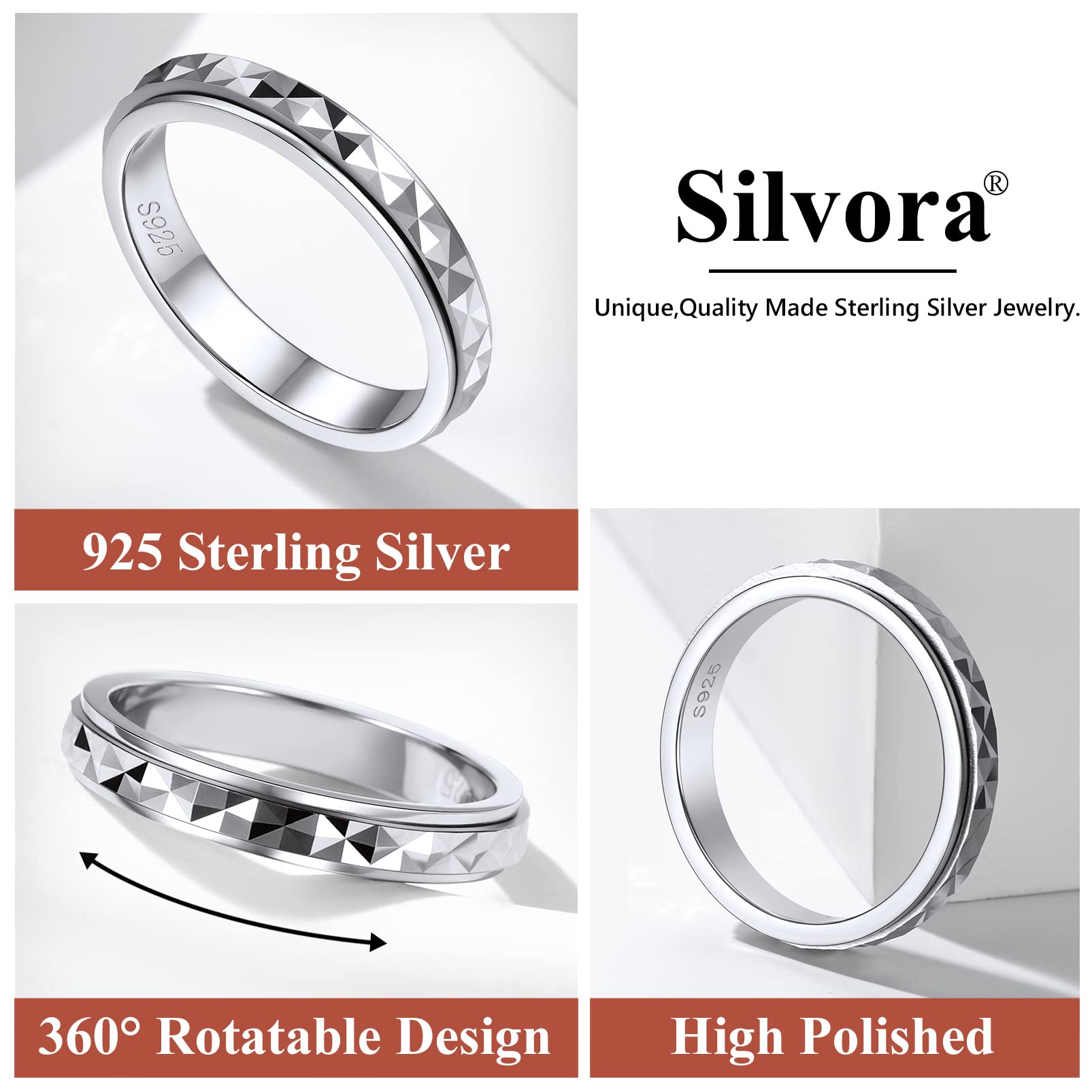 Silvora Damen Spinner Ring 925 Sterling Silber drehbarer Fingerring 3mm Schlichter Schmaler Sandstrahl Drehring Bandring Ringgröße 49.3（15.75）-67.2（21.25） für Verlobungsring Ehering Hochzeitsring