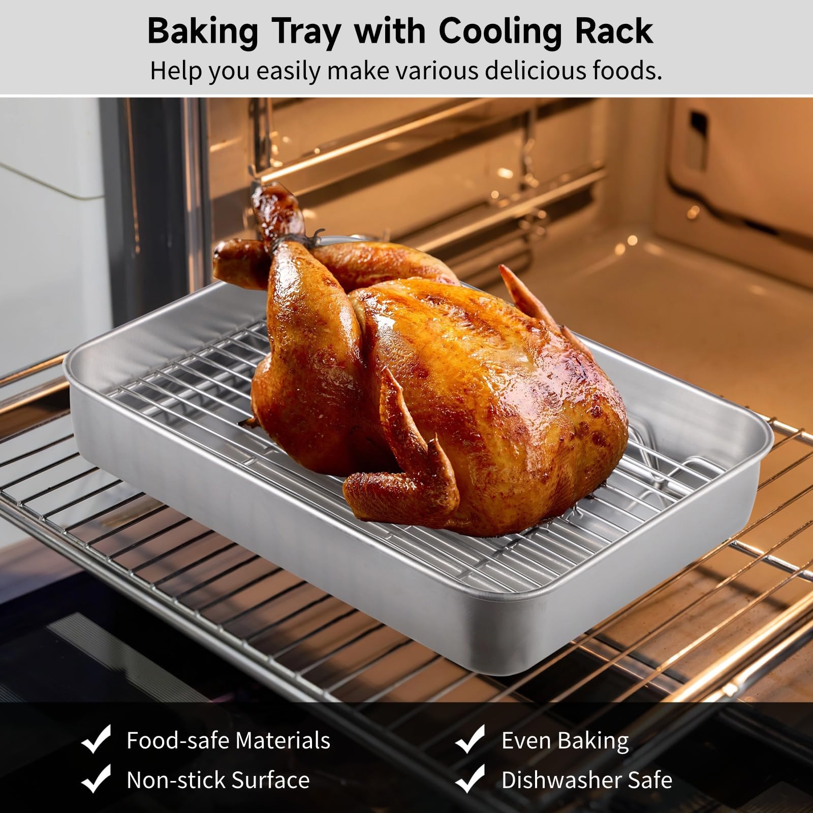Set di 2 teglie da forno in acciaio inox con coperchi ermetici e griglie di raffreddamento, 3 in 1 per cucinare, arrostire, servire