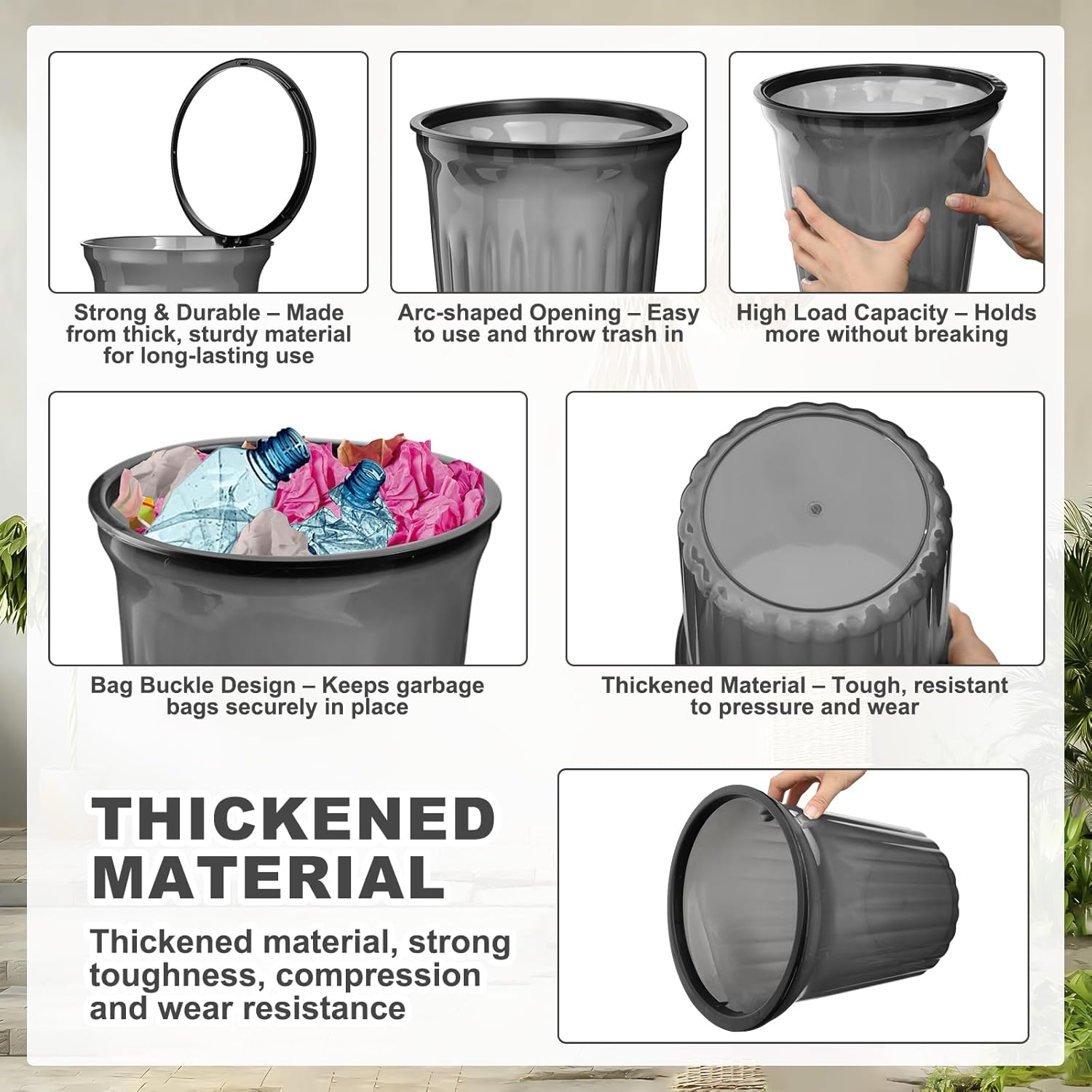 36 Pack Small Round Trash Cans Bulk, 2.6 Gallon Translucent Black Wastebaskets with Bag Concealer Ring, Upgraded Thick Cylinder Garbage Bin for Office Under Desk, Dorm and Bathroom