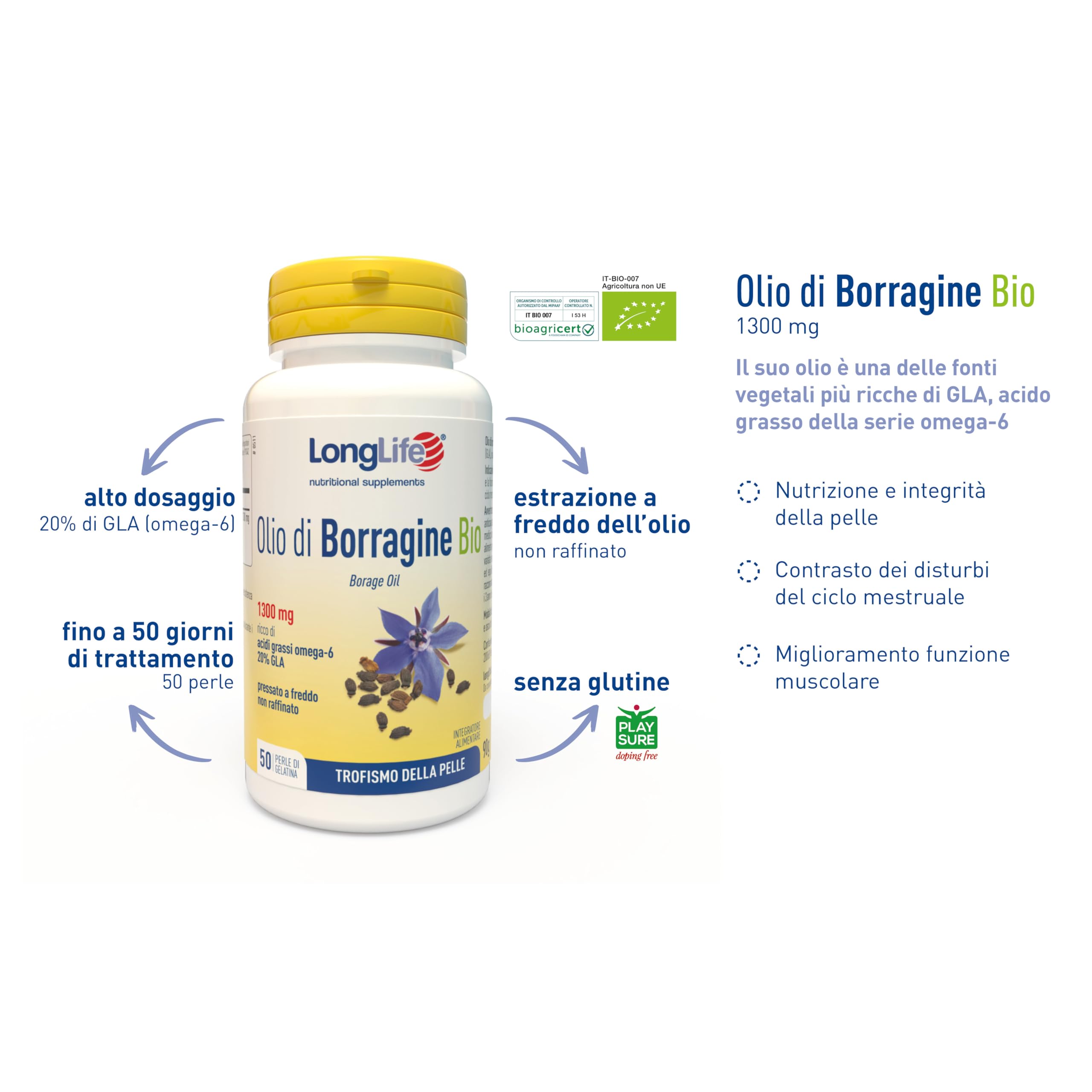 LongLife® Olio di Borragine Bio 1300mg | Integratore di borragine titolato al 20% in GLA | Omega 6 | Trofismo della pelle | Benessere della donna | 60 perle | Senza glutine e biologico