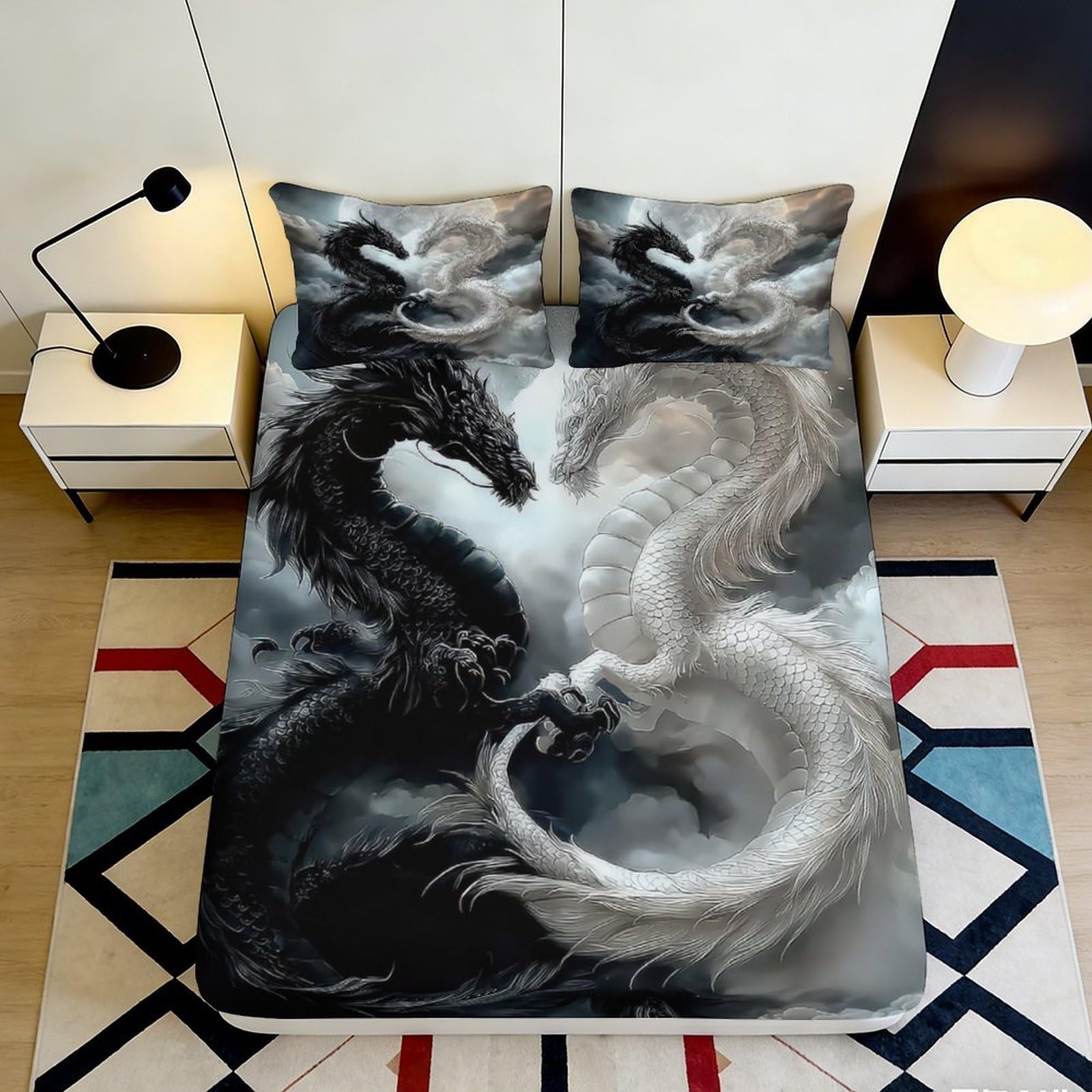 3D Printed Yin Yang Dragon Fitted Sheet Microfiber Soft Durable Black and White Dragon Bed Cover for Bedroom Dormitory Guest Room Mattress Protection 180x200x25cm
