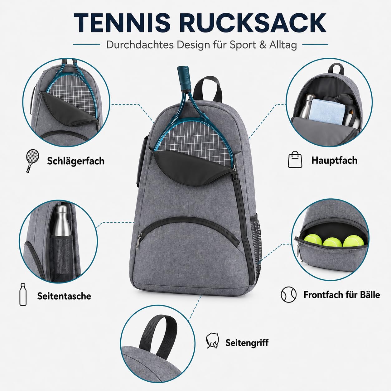 Tennisrucksack Kinder Damen mit Schuhfach, Kompakter Sport Rucksack für Tennis, Badminton und Padel, Leichte Tennistasche Kinder für Mädchen, Frauen und Jugendliche, Schlägertasche für Tennisschläger