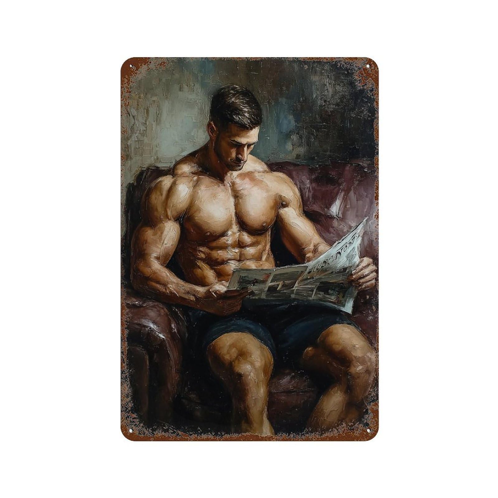Muscular Man Reading Newspaper Aged Metal Wall Plaque 11.8"x7.9", for Pub, Kitchen And Man Cave Decor, Decorative Metal Wall Art