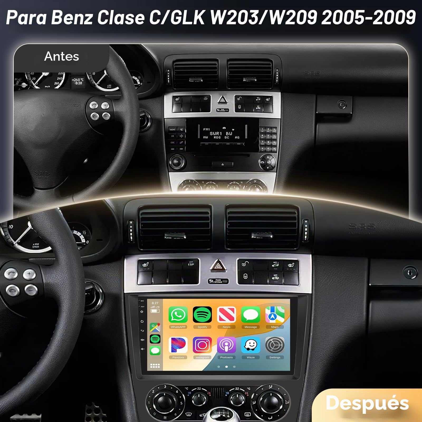 Radio para Coche [4GB+64GB] para Mercedes-Benz Clase C/GLK (2005-2009), Radio para Coche con Pantalla táctil de 9 Pulgadas, Android 13, CarPlay, Android Auto, BT5.0, WiFi, GPS, RDS, FM, EQ