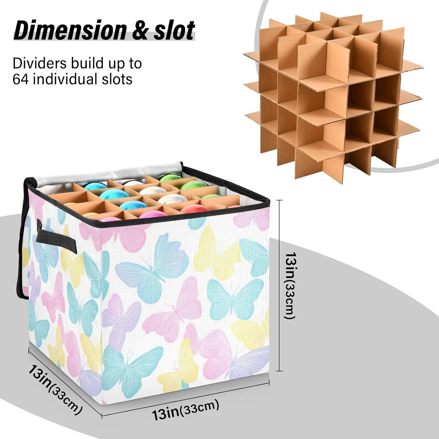 OTVEE Christmas Ornament Storage Box Holiday Decoration Organizer Stores upto 64 Holiday Ornaments Adjustable Dividers Tear-Proof Fabric Butterfly Decor
