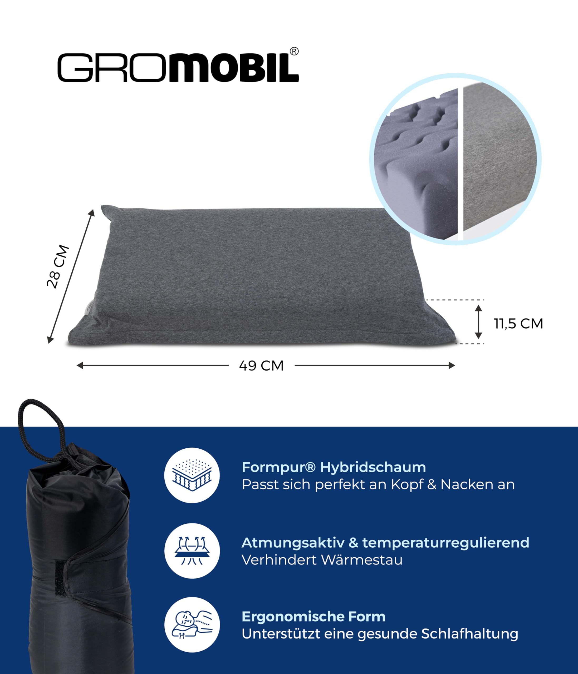 TRAVEL Reise-Nackenstützkissen | Orthopädisch, Formpur® Hybridschaum, Ergonomisch & atmungsaktiv, Für Hotel, Pension, Ferienwohnung & Camping