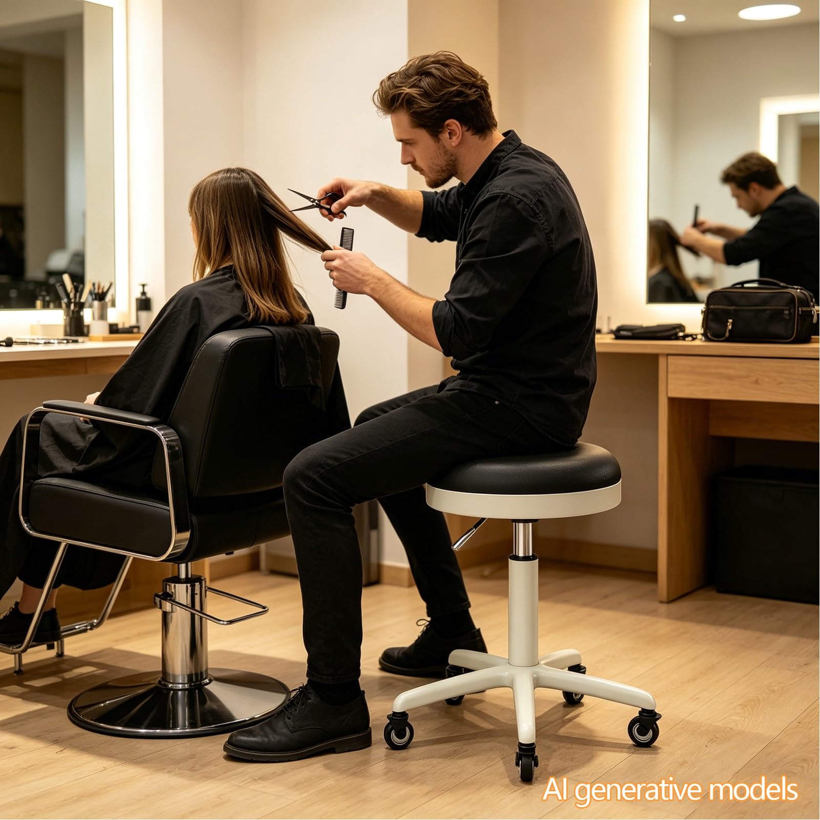 Taboret Kosmetyczny do Pedicure z Kółkami Regulacją Wysokości 47-64cm | Stołek Roboczy Obrotowy, Wypełnienie Gąbkowe Dwuwarstwowe, Okrągłe Taborety ze Skóry PU, do Domu Magazynu i Sklepu(Natural)