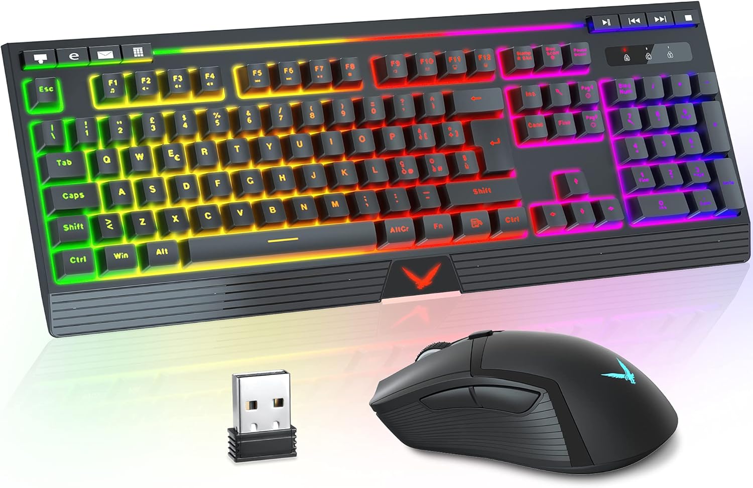 Teclado y ratón inalámbrico retroiluminados arco iris, TopMate juego de ratón con teclado inalámbrico recargable LED cromo, 2.4G teclado iluminado ratón 2400 DPI, para PC/Laptop/Gamer/Windows