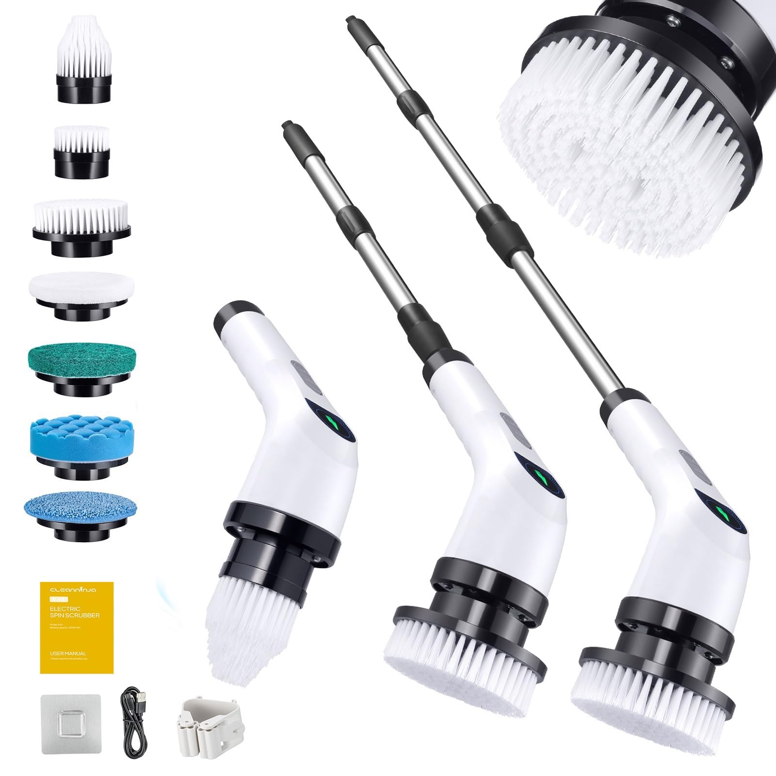 Electric Spin Scrubber for Cleaning - Shower Scrubber with Long Handle and 7 Replaceable Heads - 2 Speed Cordless Shower Brush for Cleaning with Long Battery Life, White