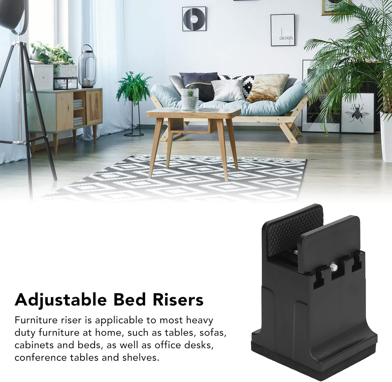 4Pcs Bed Riser, Rubber Furniture Riser Adjustable Raised Bed Blocks Sofa Risers Table Desk Feet Raising Pads with Screw Clamp for Home Office (Black)