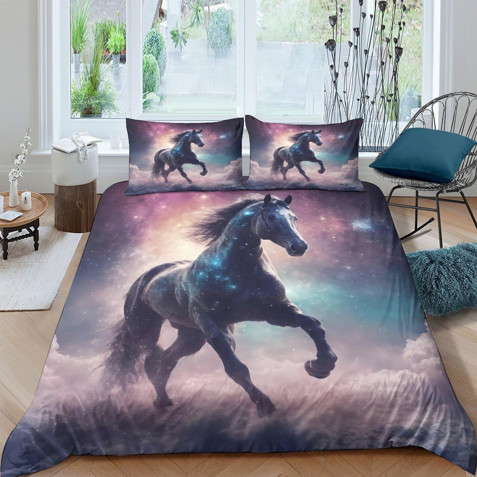 Ctjqhvkz Style-4 3D Printed Black Horse Fitted Sheet Microfiber Soft Breathable Galaxy Sky Mattress Cover Bedroom Decor Single（135X200cm）