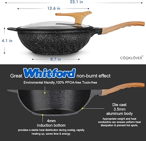 Miniatura 3 de Wok - Sartenes antiadherentes de aluminio fundido a presión, resistentes a los arañazos, sin PFOA, sin inducción, con tapa de vidrio, 12.6 pulgadas,