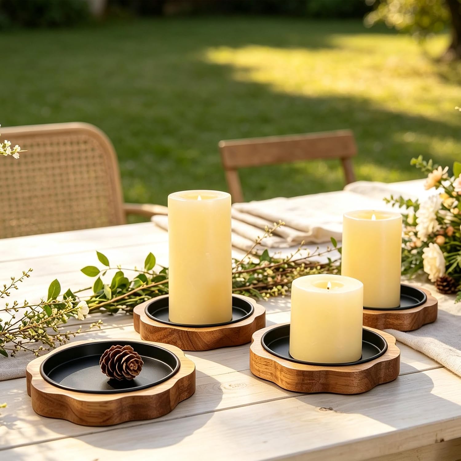 Flower Wooden Candle Holder 4-Pack, Rustic Acacia Wood Candlestick Stand, Unique Petal Design Pillar Candle Holders for Farmhouse Table Centerpiece Decor, Fits 3.35" Dia Candles