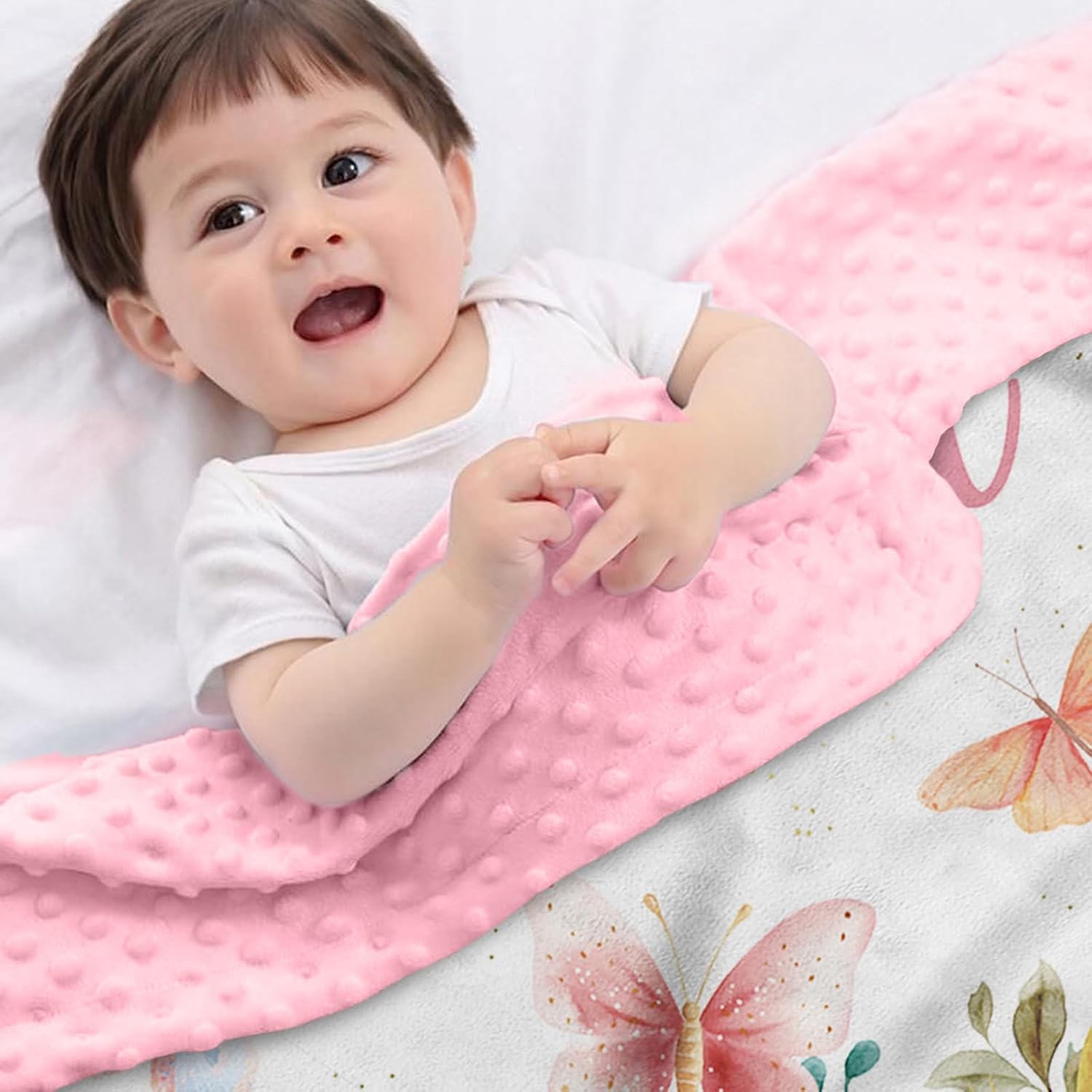 Personalized Baby Blankets with Name – Pink Floral Butterfly Pattern Custom Toddler Girl Blanket – Soft Minky Dot Blanket for Crib, Nursery, Stroller – Custom Baby Gift for Girls