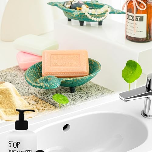 Miniatura 10 de Sungmor Soporte de jabón de manos de hierro fundido resistente, con forma de pájaro encantador y acabado verde antiguo, bandeja decorativa para