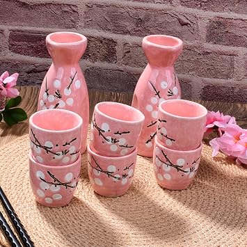 Japanese Sake Cups Set of 6, Pink Saki Cups