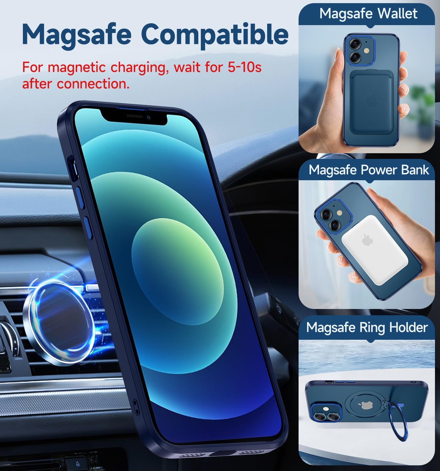 MAGIC JOHN for iPhone 12/iPhone 12 Pro Case 6.1 inch[Compatible with Magsafe] [with Magnetic Metal Stand][Military Grade Shockproof] Anti Yellowing, Matte Back with Soft Edge,Blue