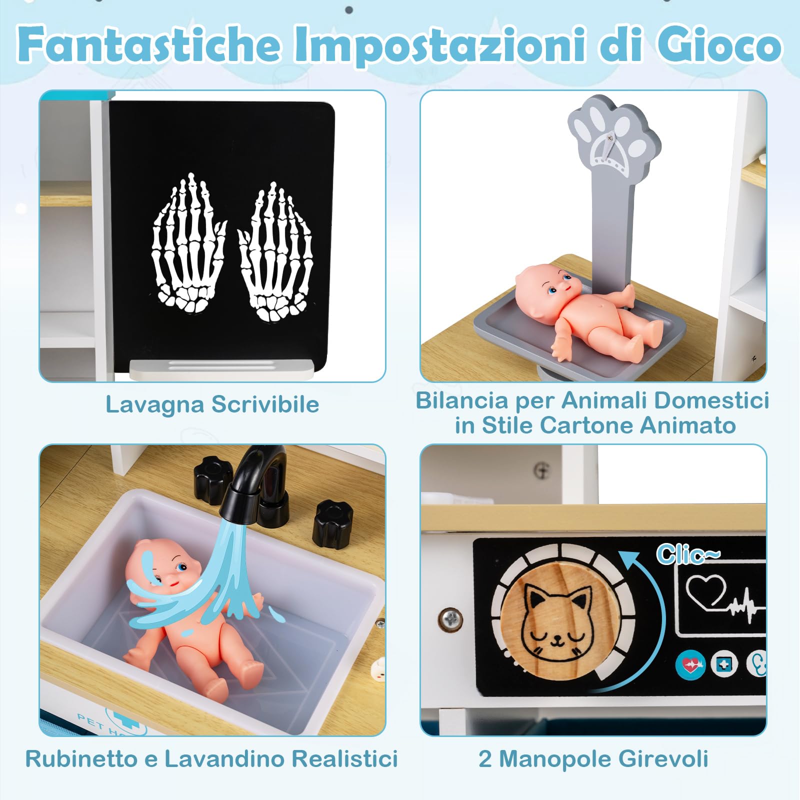 COSTWAY Kit Medico Giocattolo in Legno, Centro Veterinario Pieghevole con Bilancia Animali e 22 Accessori, Gioco Educativo Simulazione Dottore, Regalo per Bambini 3-6 Anni (Bianco)