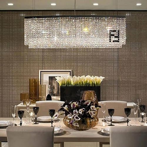 7PM Modern Rectangle Crystal Chandelier, Dining Room Light Fixture with K9 Raindrop Crystals, Rectangular Flush Mount Ceiling Light for Kitchen Island, Living Room, L47'' x W8'' x H16''