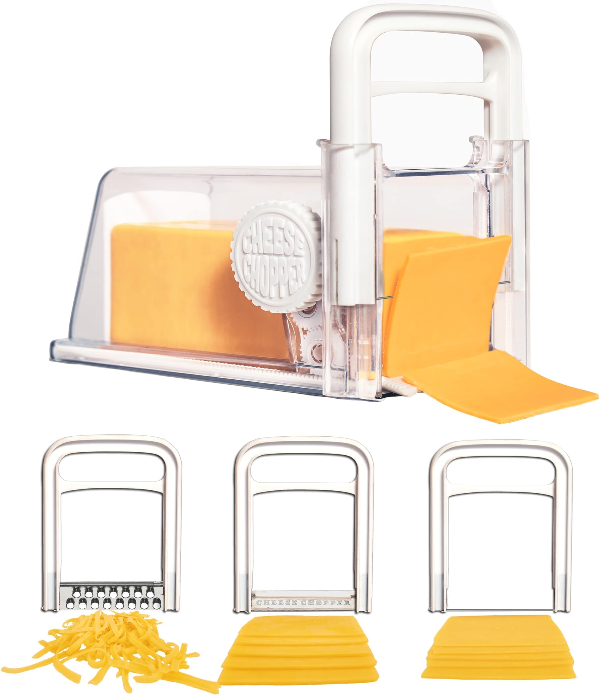 Cheese Chopper 4-in-1 | Cheese Storage with Handle, Grater, Wire and Blade Attachments | Instant Fridge Storage | up to 2lb Blocks