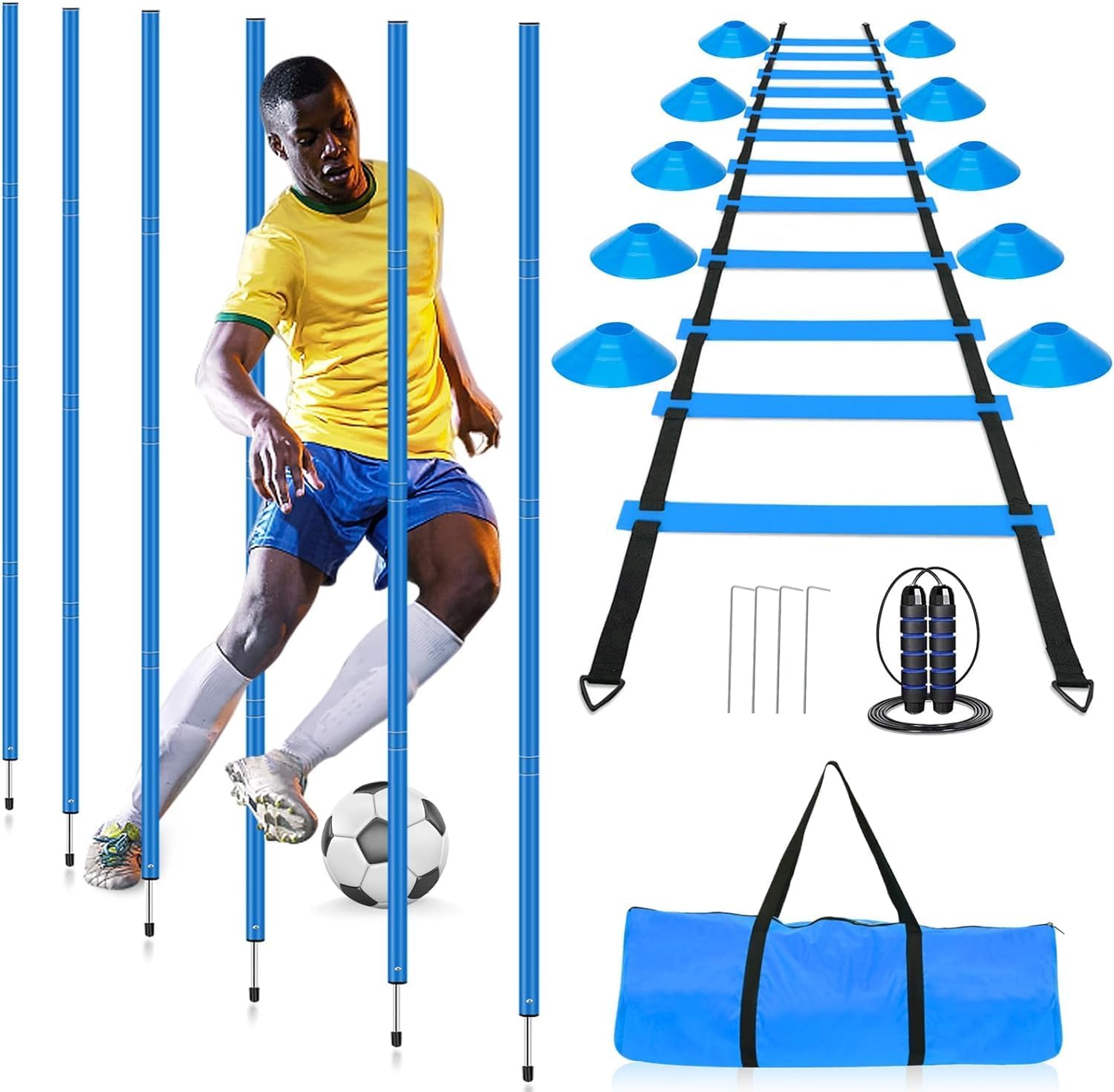 Football Agility Training Slalom Poles Set - Includes Poles(Set of 6) Drills,Agility Ladder, 10 Soccer Cones,Jump Rope for Speed Training, Soccer Training, Basketball&Fitness-image-23
