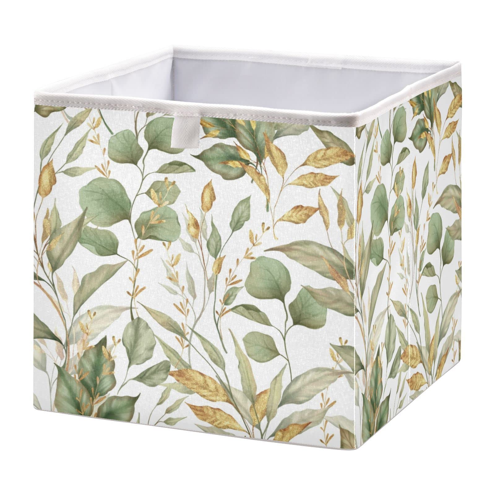 Kigai Green Gold Leaves Cube Storage Bin, 11x11x11 in Collapsible Fabric Storage Cubes Organizer Portable Storage Baskets for Shelves, Closets, Laundry, Nursery, Home Decor