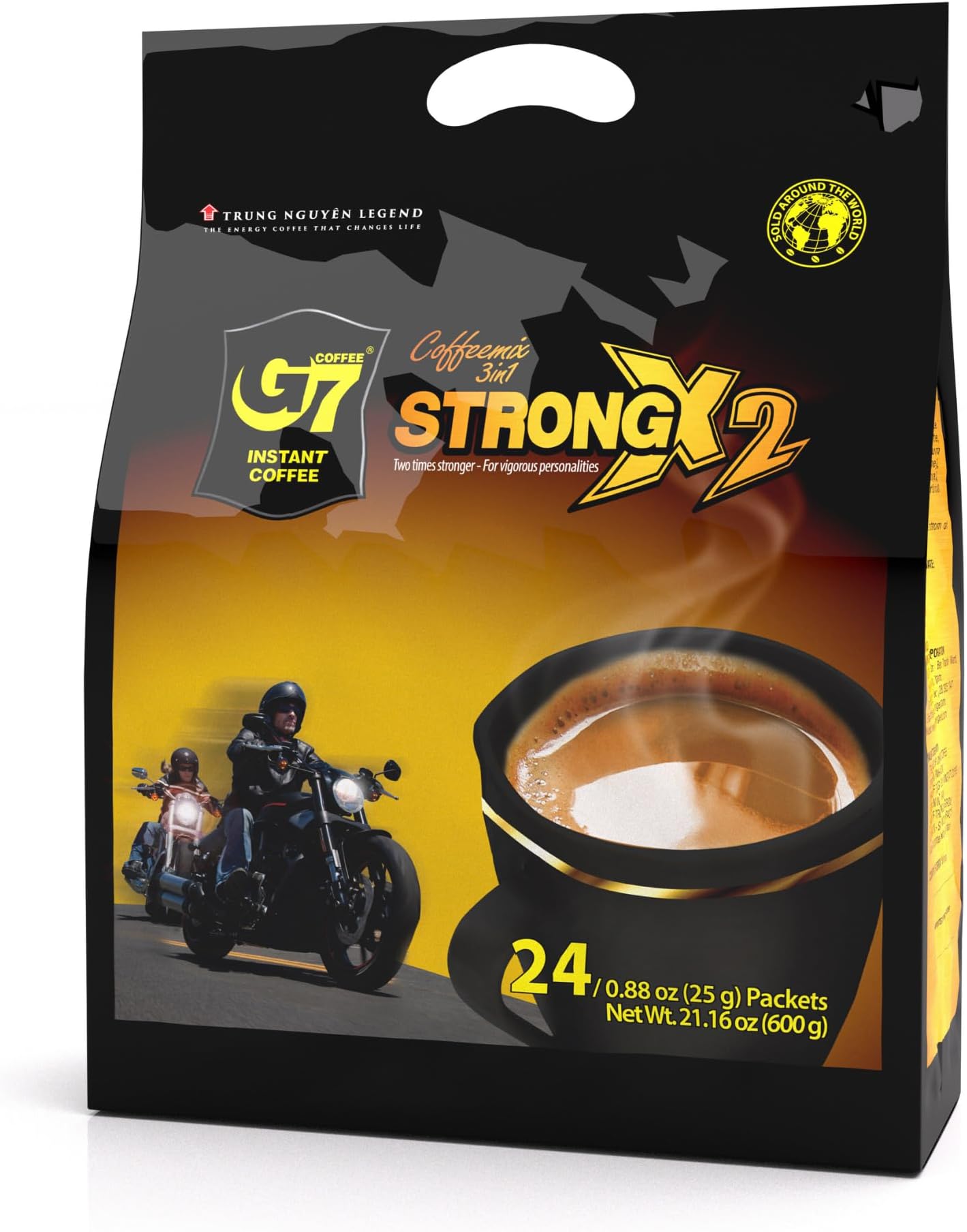 TRUNG NGUYEN G7 3-IN-1 STRONG X2 Instant Coffee for Energy Boost - Roasted Ground Coffee Blend with Non-dairy Creamer and Sugar - Strong and Pure Vietnamese Instant Coffee (24 Sticks/Bag)
