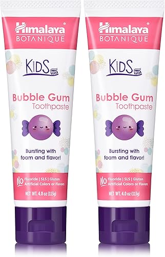 Himalaya Botanique - Pasta de dientes para niños, a base de hierbas, sabor a chicle, placa de combate, sin flúor, suave, sin sabores ni colores
