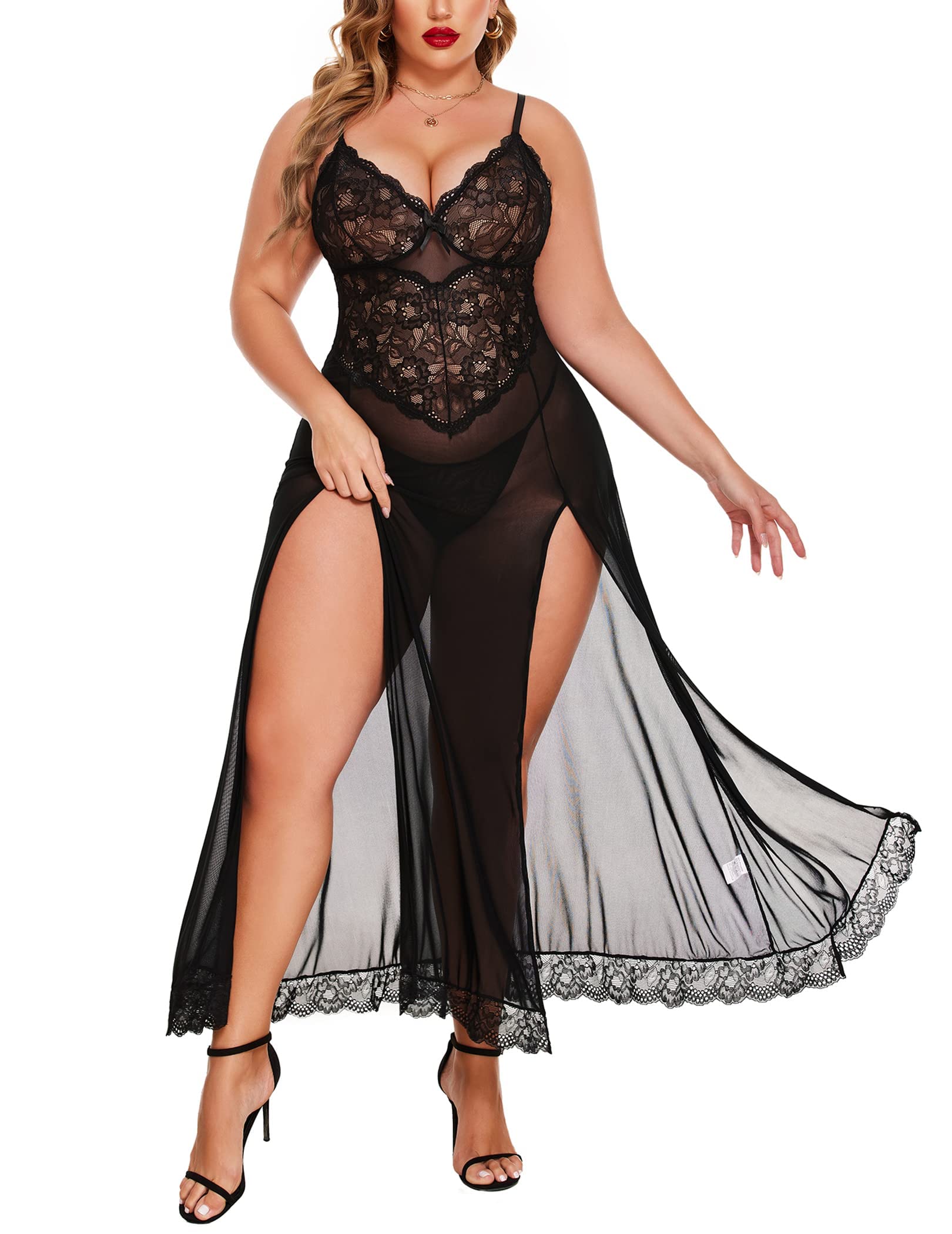 xivir Plus Size Lingerie Babydoll Sexy Mesh Maxi Nightdress Strappy Women Lingerie Lace Bodysuit Mosaic Lace Sleepwear Babydoll Lingerie-picture-40