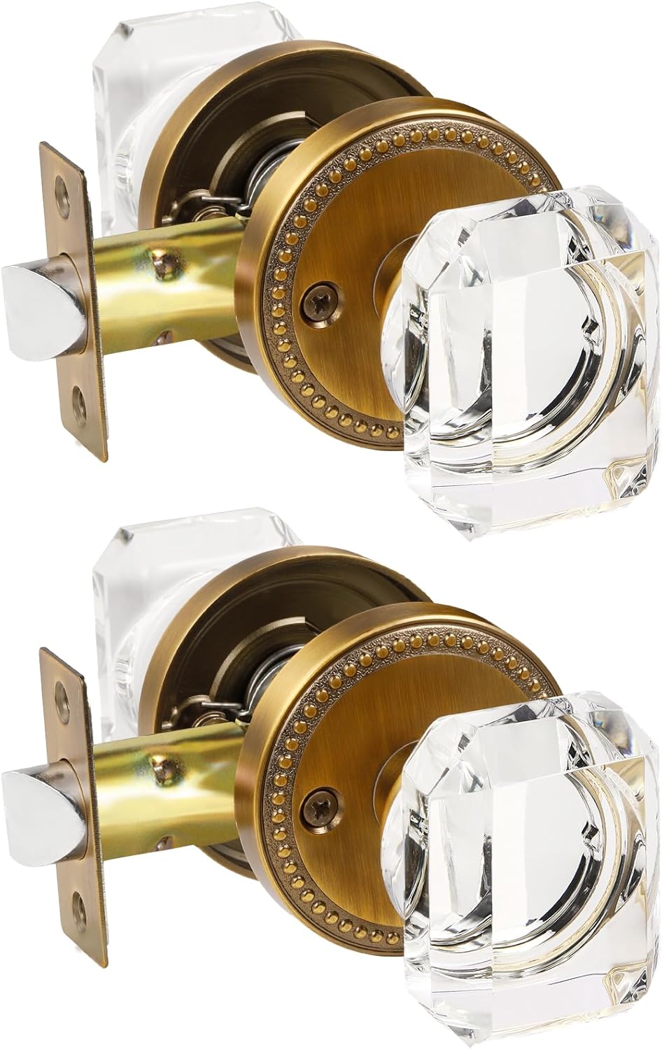 2 Pack Antique Brass Door Knobs Crystal Door Knob Passage Door Knobs Glass Interior Door Knob for Hall and Closet Zinc Alloy