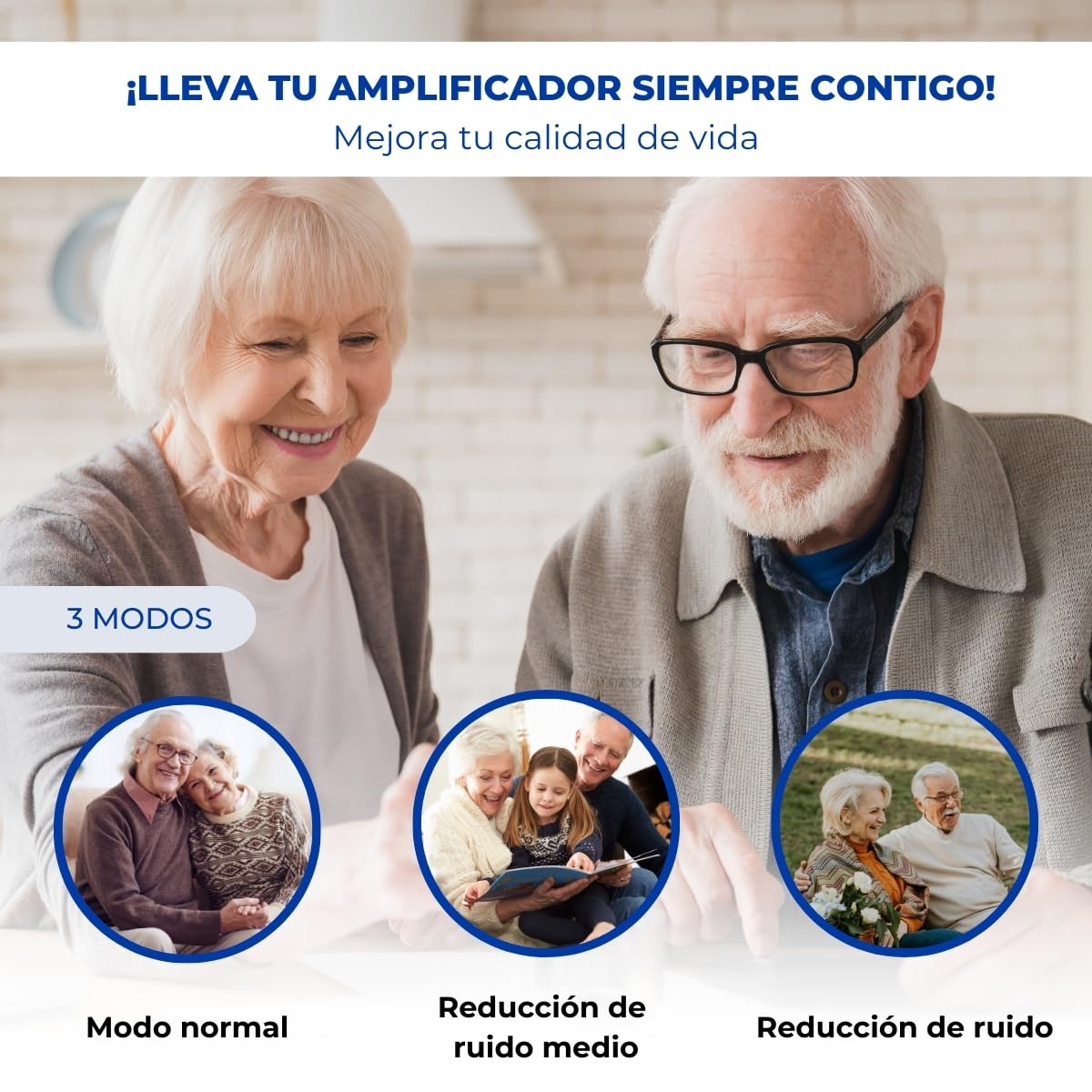 Mobiclinic®, Amplificador auditivo, Ear plus 1, Recargable, 5 niveles de volumen, Giro 360º para ambos oídos, 3 modos reducción ruido, Ligero y portátil, Incluye tapones recambios