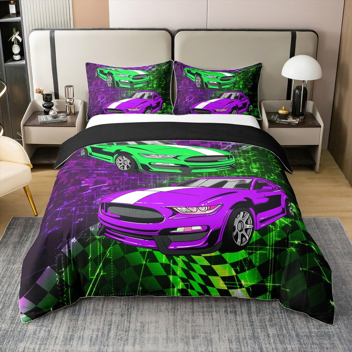 Cool Racing Pure Cotton Duvet Cover Single Size,Boys Men Extreme Sport Soft Bedding Set, Art Comforter Cover Bedding 2 Pieces (No Comforter),Race Flag Print Quilt Cover,1 Pillowcase