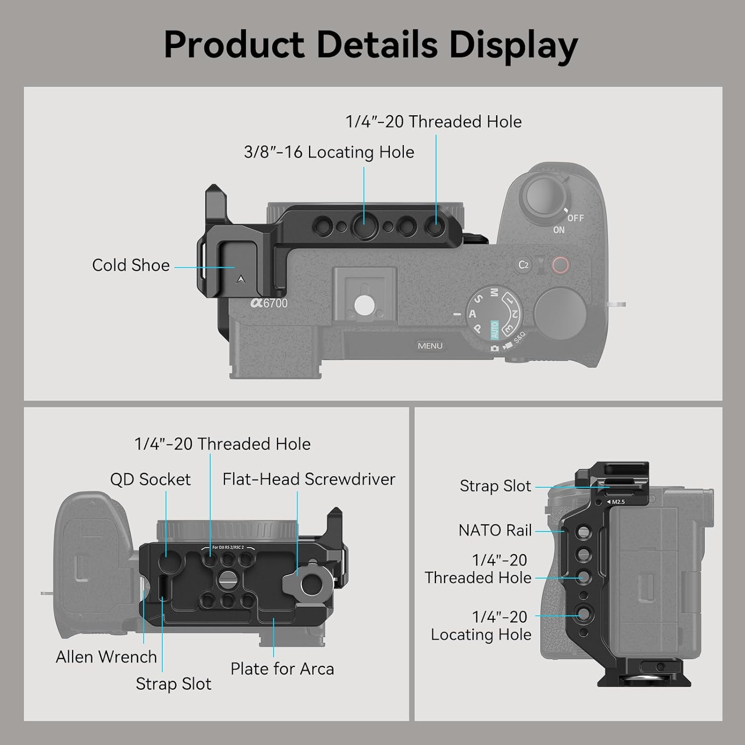 SmallRig Half Cage for Sony Alpha 6700/6600 / 6500/6400, Built-in Quick Release Plate for Arca-Type, Camera Video Cage with Shoe Mount, 1/4''-20 & 3/8''-16 Threaded Holes - 4337 - Image 6