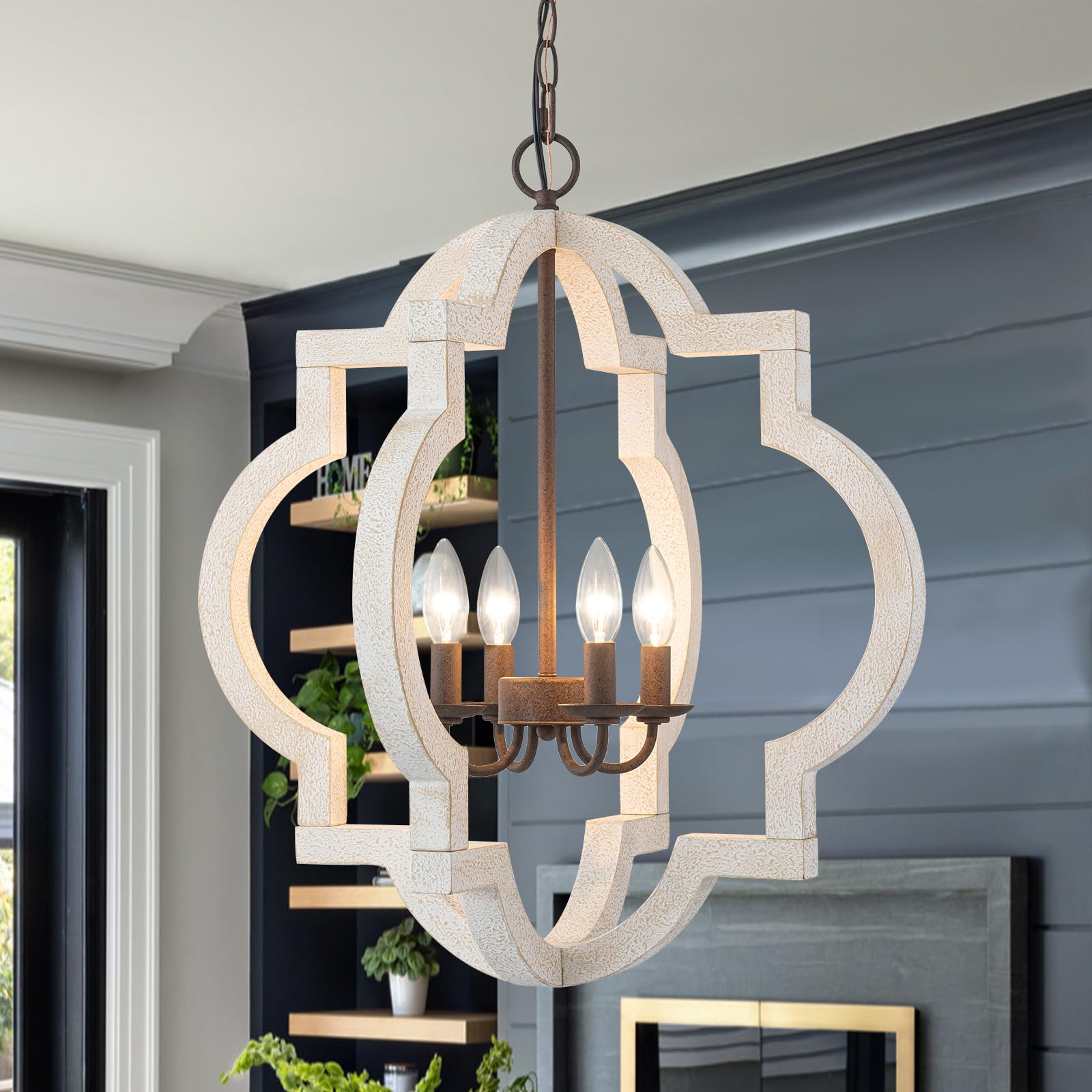 22" Farmhouse Chandelier Distressed White Wood Dining Room Light Fixture