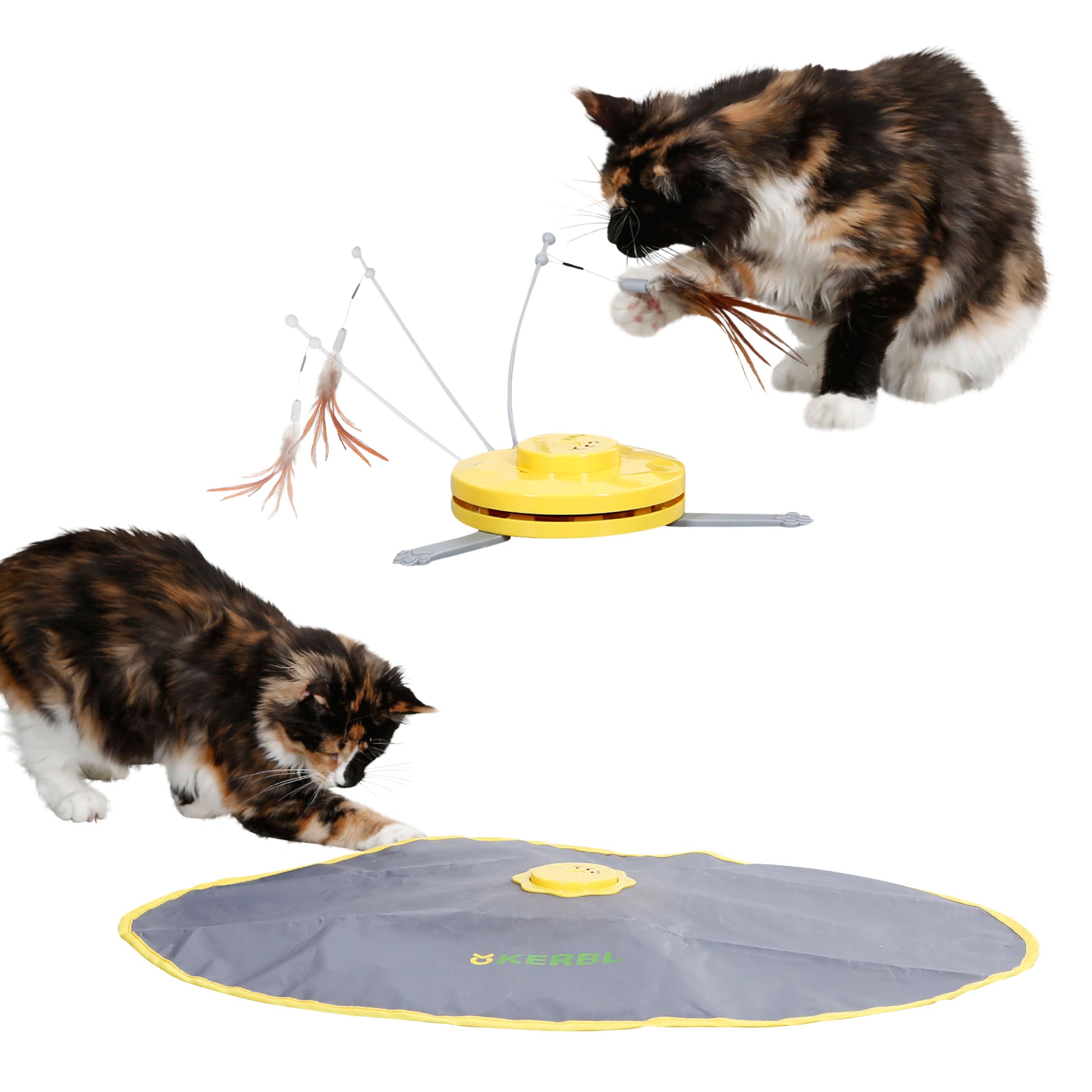 Kerbl Pet Juguetes para Gatos 2 en 1 Catch The Tail Feather, Amarillo, Gris, 70x53x5 cm, Nailon, Gatos, función de Apagado automático, Antideslizante