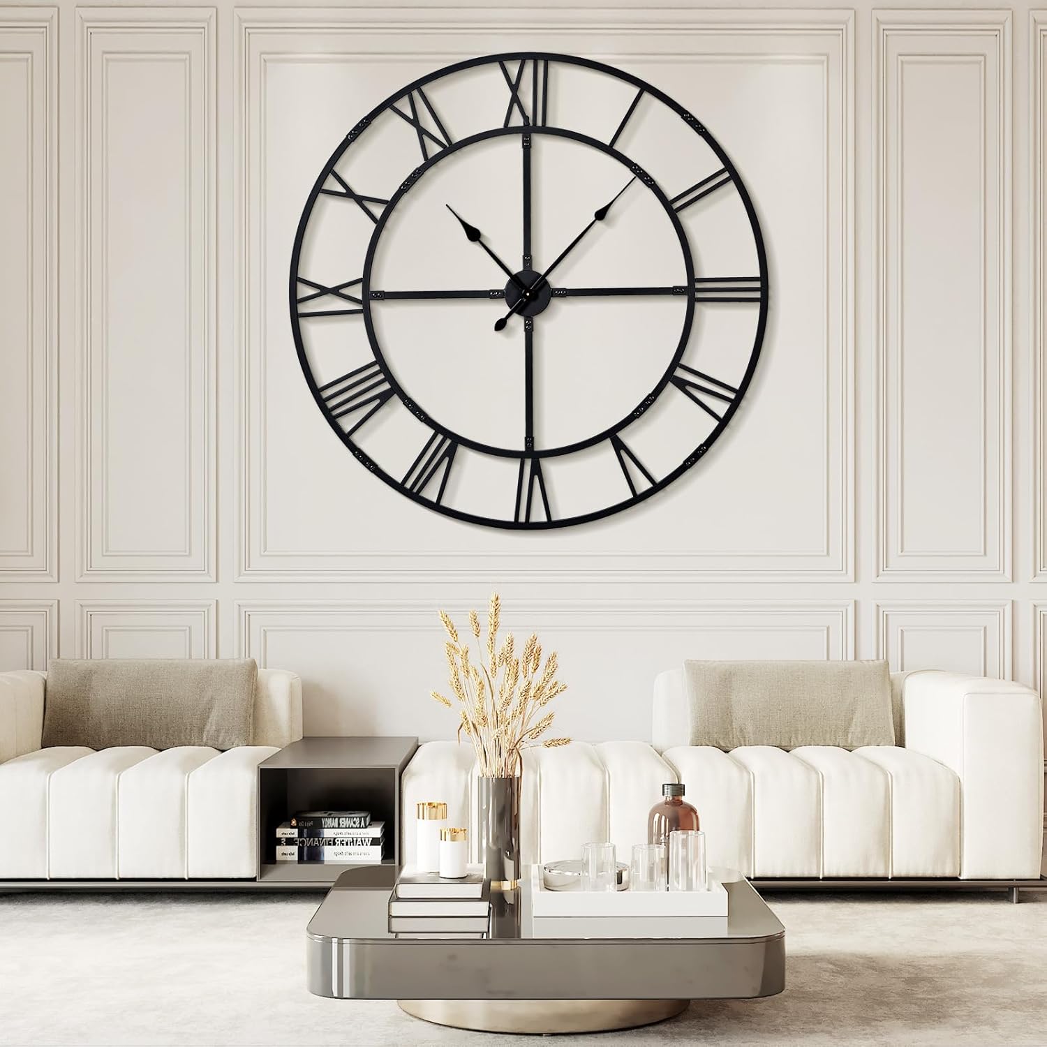 Large Wall Clock for Living Room Decor – 60 Inch Knocked-Down (KD) Silent Non-Ticking Modern Farmhouse Wall Clock, Oversized Decorative Metal Roman Numeral Clock (Pure Black, 60 Inch)