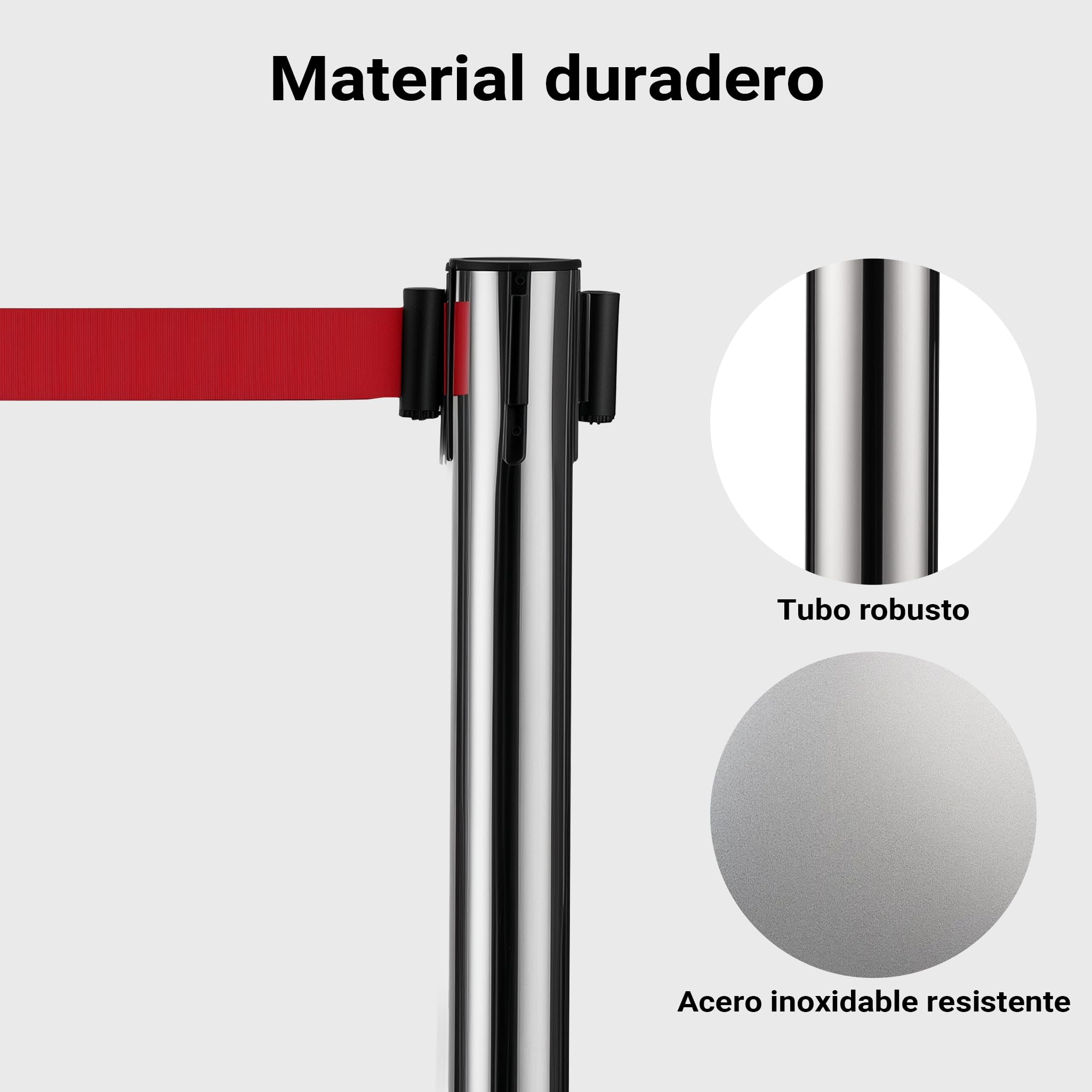 Wiltec Juego de 2 postes separadores con cinta retráctil roja 200 cm, acero inoxidable