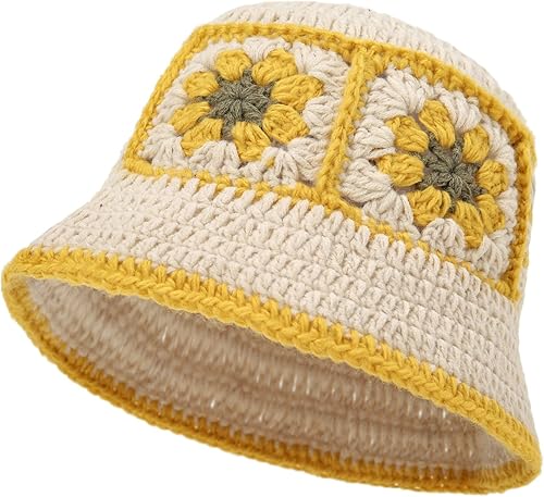 Miniatura 8 de Sombrero de pescador de ganchillo de punto de lana para mujer, gorro floral para otoño e invierno, cálido sombrero de empalme de moda para salida a