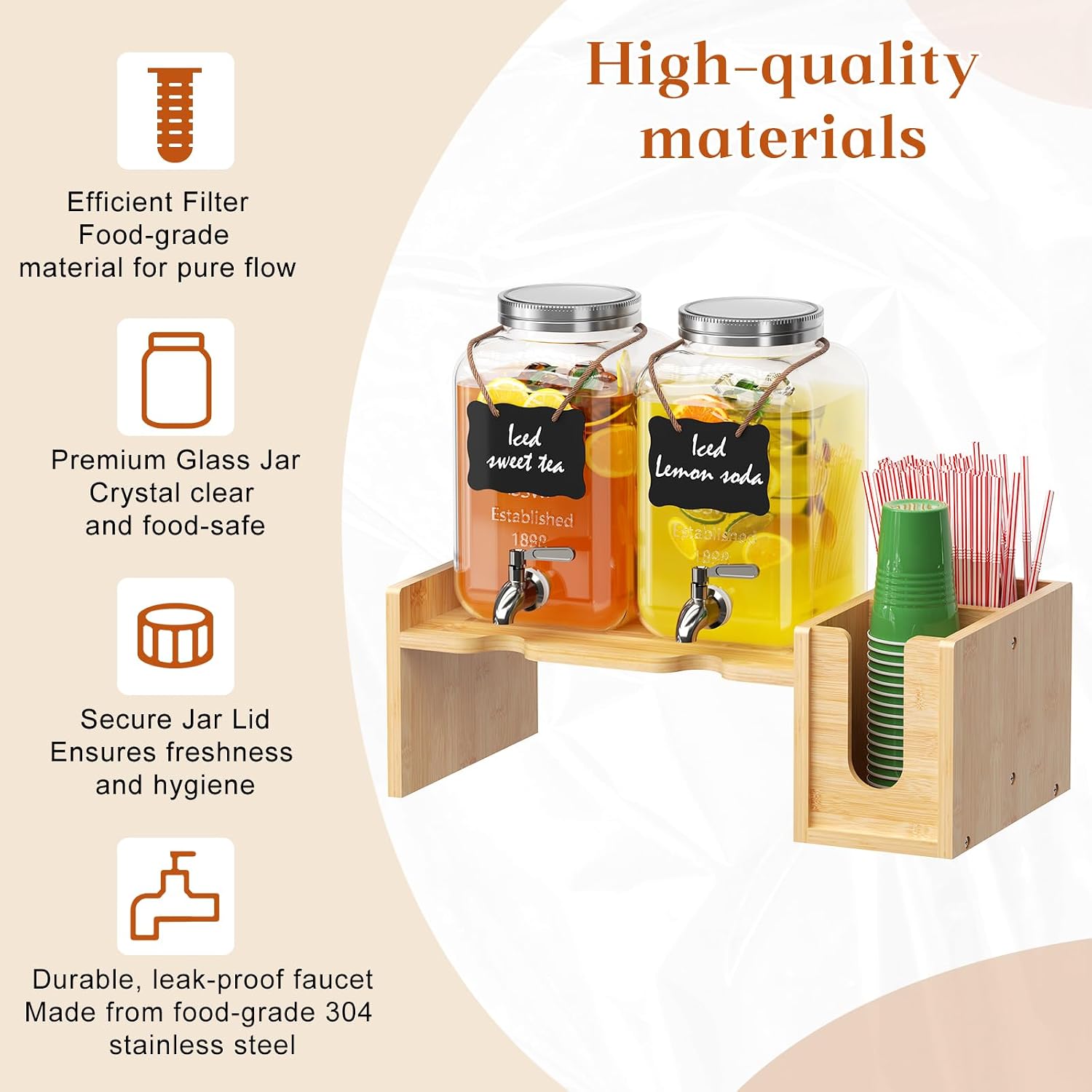 2 Pack 1 Gallon Glass Drink Dispenser with Bamboo Stand, Glass Beverage Dispenser with Spigot for Parties,Juice Dispenser with Ice Core, Chalkboard Labels, Cup and Straw Holder