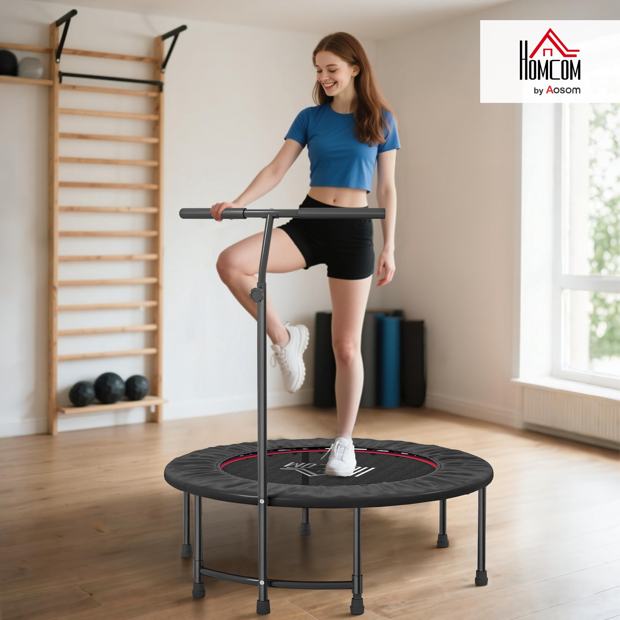 HOMCOM 40" Trampolina Fitness Rebounder z regulowanym uchwytem, czarny | Mini Trampolina, Rebounder z bungee, dla dorosłych, ćwiczenia w pomieszczeniu