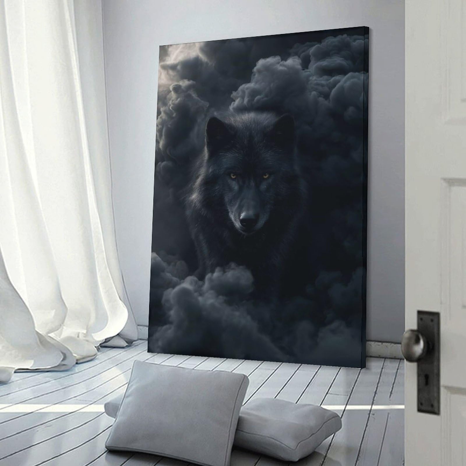 Junmoney Frame-Style-19 Decorative Wall Artwork Black Wolf In Smoky Atmosphere, 24X36inch(60X90cm), For Lounge, Bedroom Or Personal Spaces, Thoughtful Wall Decor For Art Lovers