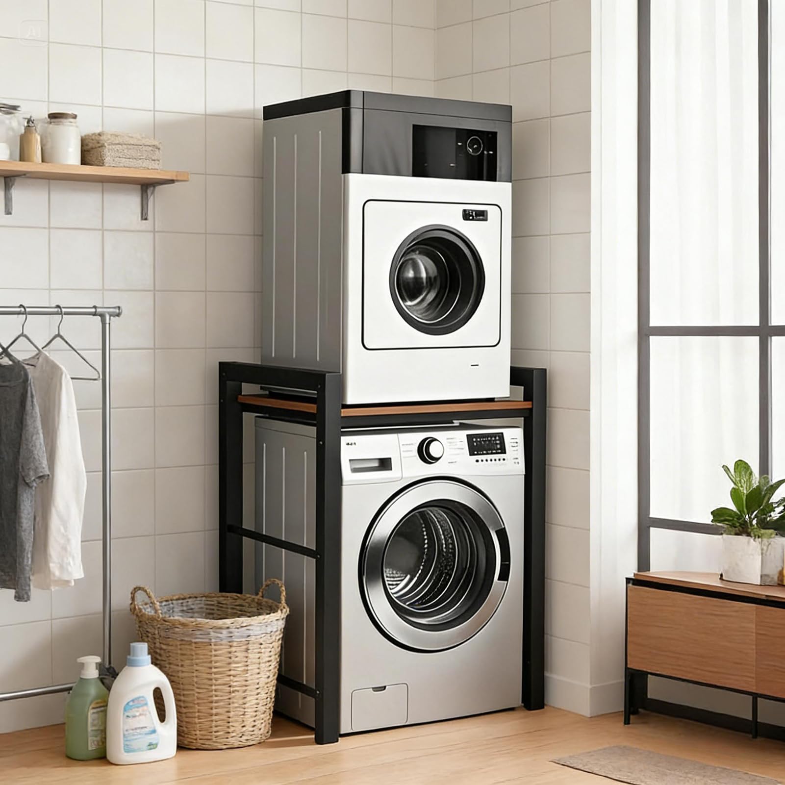 Estantería para lavadora y secadora, armario para lavadora, estante para lavadora, estantería para lavadora con 3 alturas ajustables para baño o balcón, capacidad de carga 350 kg, 75x67x105