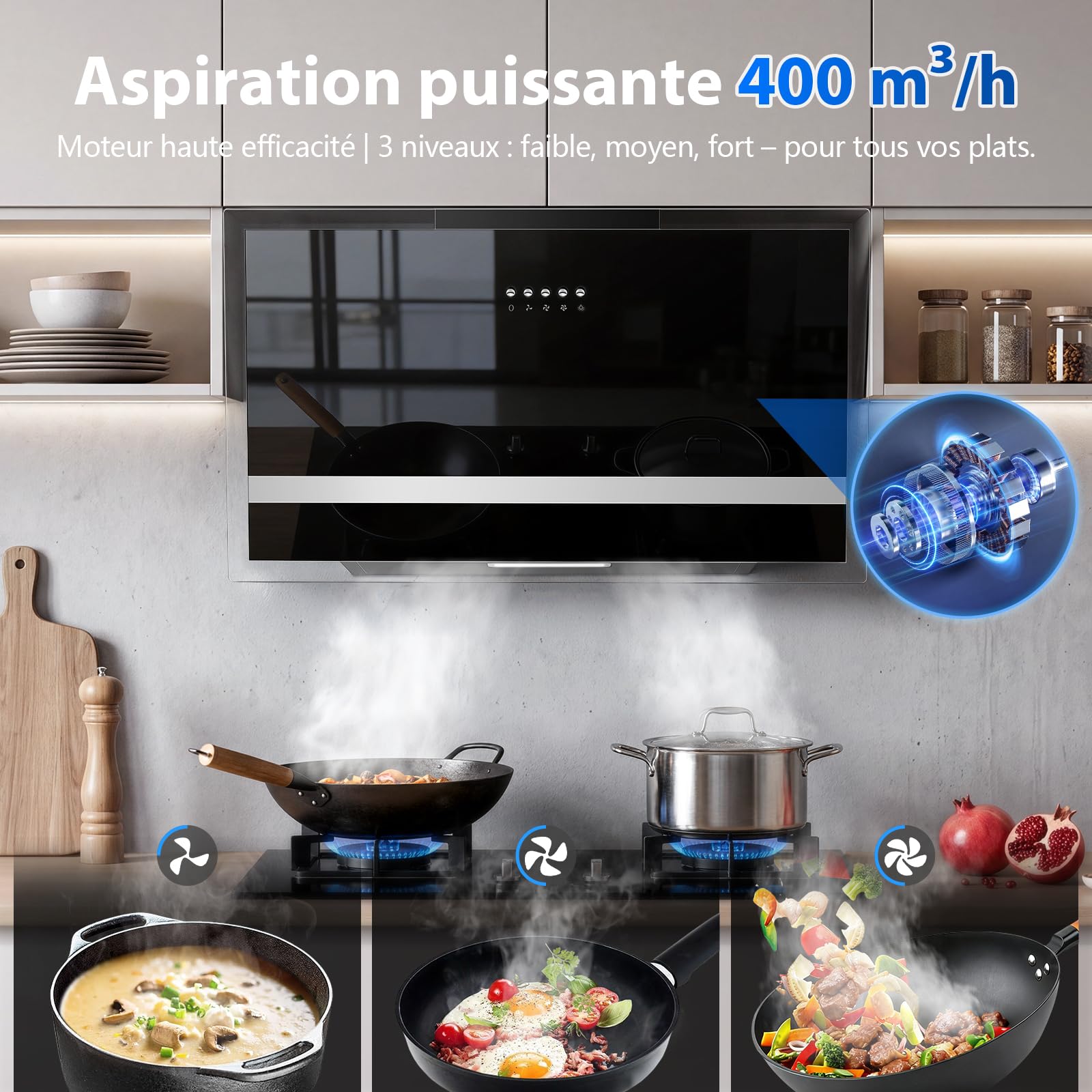 TopStrong Hotte Aspirante 60cm, 400m³/h, A+++, Sans Balais, Évac/Recycl