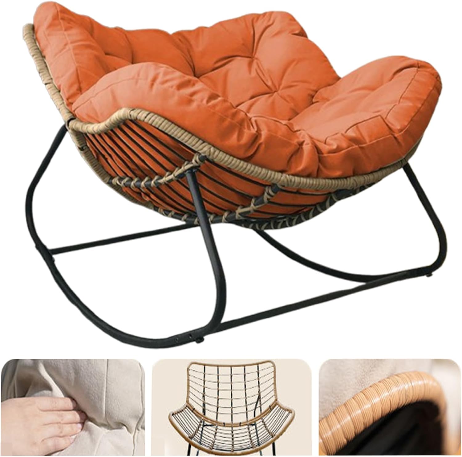 Rocking Outdoor Lounger Chair Chaise Lounge Zero Gravity Rocker,Comfortable Outdoor Rocking Chair Large Patio Egg Chair with Rattan Weave & Thick Cushion SkinFriendlyfor Bedroom Living Room